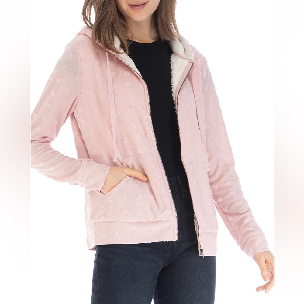 NWT Bobeau Blush Hearts Flocked Sherpa Lined Zip Hoodie Pink Size Medium